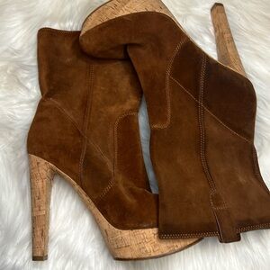 Dark camel suede high ankle boots. Cork heel. Used. No box